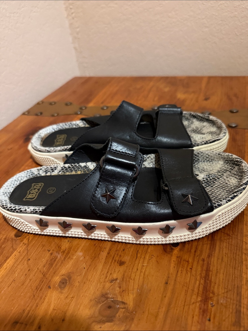 Ash Leather Black Slide Sandals with Star Stud Trim